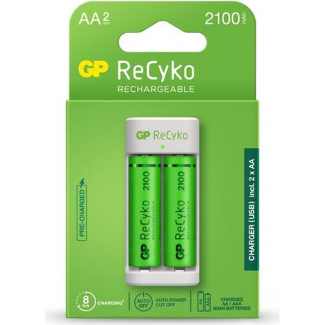 GP Battery USB-Ladegerät mit 2 wiederaufladbaren 1,5 V AA 2100 mAh Batterien im Lieferumfang enthalten
