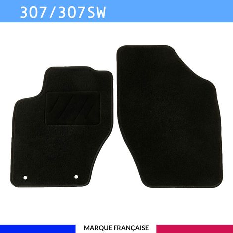 Tapis de sol voiture - Sur mesure pour  Peugeot 307 / 307 SW (04/2001-04/2008) - Antidérapant : Clips de fixations et scratch - Tapis de sol avant 2 pièces - Moquette - Noir