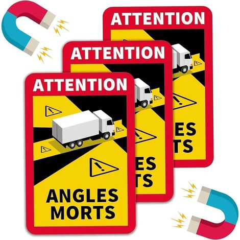 3 Pièces Autocollant Magnétique Angle Mort Poids Lourds 25x17 cm Attention Signe Français Angles Morts Panneau Protection UV pour Camion, Voiture, Bus, Moto, Caravane et Remorque (1/5)