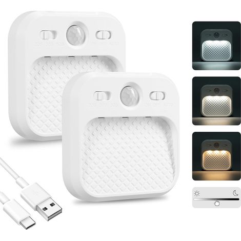 Veilleuse Detecteur de Mouvement 2 Pack, Dimmable en Continu avec Fonction Minuterie et Design Magnétique, 3 Couleur, Veilleuse Rechargeable (1/5)