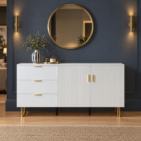 Credenza bianca in MDF con 2 ante e 3 cassetti, 160 x 40 x 81,5 cm, con gambe in acciaio HAVRYA (1/5)