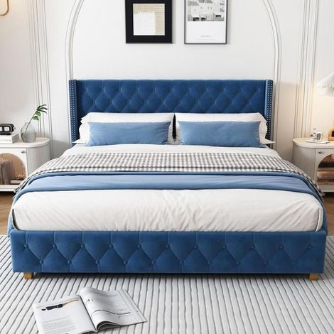Lit 160x200 - KOMHTOM - Capitonné 160x200 - Velours bleu - Sommier à lattes inclus - Pieds bois (1/5)