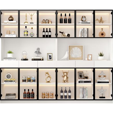 CAIziVitrine 200cm blanche LED porte cadre noir rangement salon bureau chambre