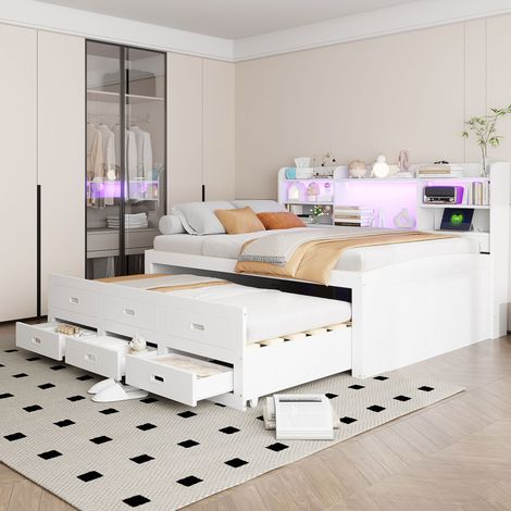 Bett Daybed 140x200 cm Weiß, Spanplatte und MDF, mit LED, 3 Schubladen, Ablagefach, Ausziehbett, USB und Type-C (1/5)