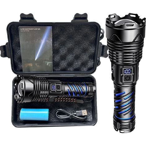 Lampe torche LED rechargeable 500000 lumens – Batterie 5000mAh – IP65 étanche – 5 modes d'éclairage – Zoomable pour camping et urgence