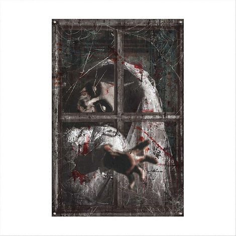 Décor d'horreur pour fenêtre - Femme aux longs cheveux effrayants - Décoration d'Halloween à accrocher pour maison, fête ou soirée à thème (1/5)