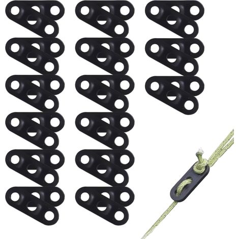Pack de 30 Tendeurs de Corde à 3 Trous en Plastique Noir, Ajusteurs de Cordeau pour Camping, Randonnée et Tente, Boucle Ajustable, Résistant et Durable pour Bâche et Activités Extérieures (1/5)