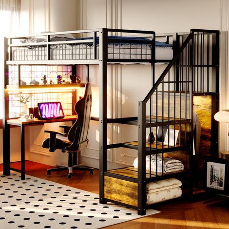 Metall-Hochbett 90 x 200 cm schwarz mit Schreibtisch, Regalen, Stauraumleiter und LED (1/5)