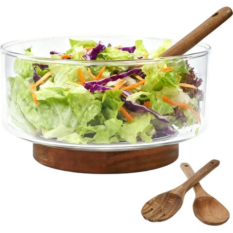 Saladier en Verre avec 2 Pince à Salade en Bois, Grand Saladier de 3,7 L Saladiers en Verre avec Base en Bois, Plat de Service Transparent Polyvalent Bol en Verre pour Salade Fruits Pâtes (1/5)