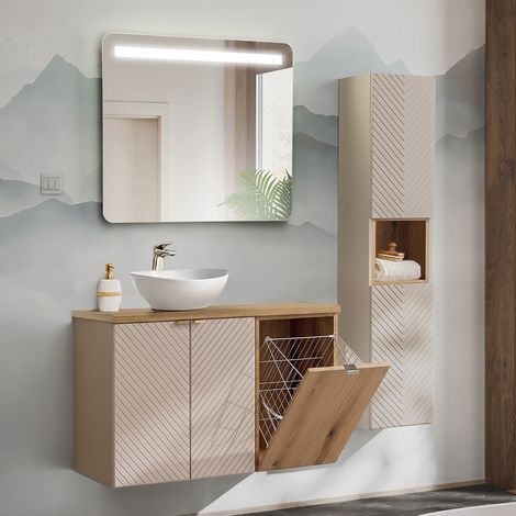 Ensemble meuble simple vasque 100cm 2 portes panier à linge et colonne Manoa Cachemire et Bois (1/5)