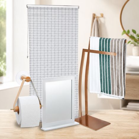 Juego de renovación de baño moderno (4 piezas): toallero, espejo de bambú, cortina y portarrollos. (1/5)