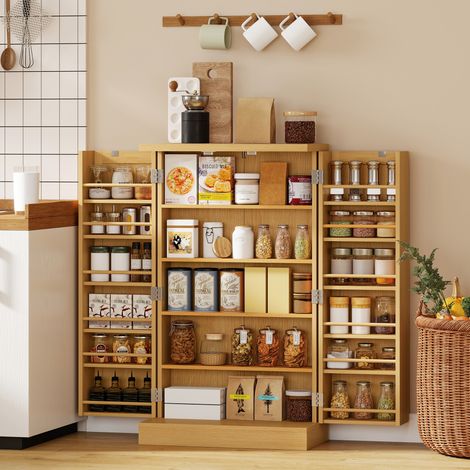 Meuble de cuisine en rotin de 104 cm avec étagère à 5 niveaux, 12 compartiments à épices et étagères réglables, naturel (1/5)