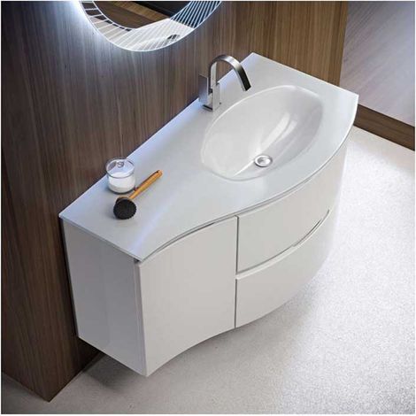 Mobile Bagno Vague105 cm SospesoBianco Opaco Base 2 cassetti e 1 anta - Lavabo in Resina (1/5)