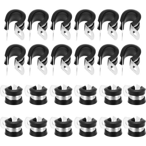 24 pièces Colliers de Serrage en Acier Inoxydable 10mm Colliers de Fixation de Tubes P-clips avec Revêtement en Caoutchouc pour l'Électricité Automobile Tube Tuyau Fil Corde Câble (1/4)