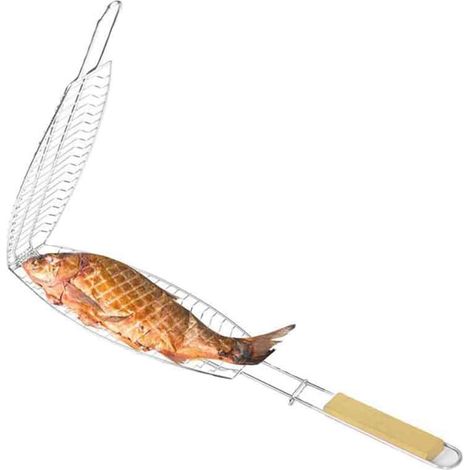 Grille de cuisson pliable en maille d'acier inoxydable chromé, manche en bois, pour poisson, poulet, hamburger, 70x15cm, argent, ustensile de barbecue pratique. (1/4)
