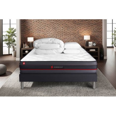 Komplettpaket Bett - Matratze 200x200 cm + Boxspringbett mit Lattenrost (im Set) + 2 Kopfkissen + Steppdecke - Regen