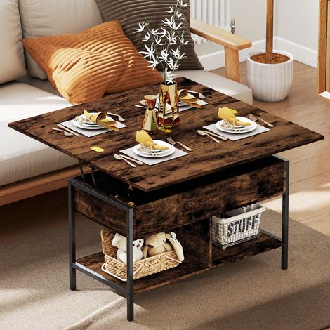 Table basse relevable et extensible, table de salon avec compartiment caché étagères ouvertes, 98x49x55cm, brun rustique (1/5)