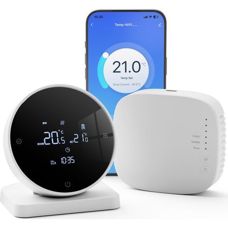Thermostat Connecté sans Fil à Pile pour Chaudière Gaz, avec Récepteur – Programmable Intelligent WiFi, Compatible Tuya/Alexa/Google Assistant, Blanc – Chauffage au Sol (1/5)