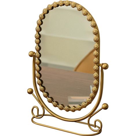 Miroir de bureau ovale doré rétro à motif floral et bordure métallique, avec pied pivotant à 360°. Un miroir de maquillage polyvalent de style européen, idéal pour les chambres, les salles de bain, le (1/2)