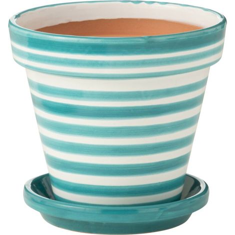 Cache pot rayé en poterie peinte main - aqua et blanc (1/3)