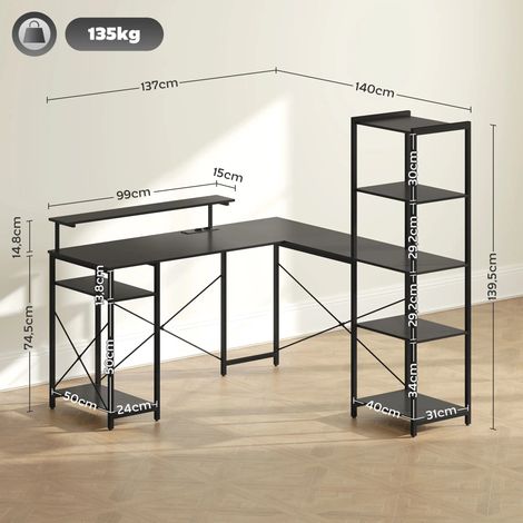Bureau d'angle noir en L (137x140x139,5 cm), 6 tablettes, support moniteur, ports USB et prises intégrés, parfait pour le travail à domicile ou l'espace pro. (1/5)