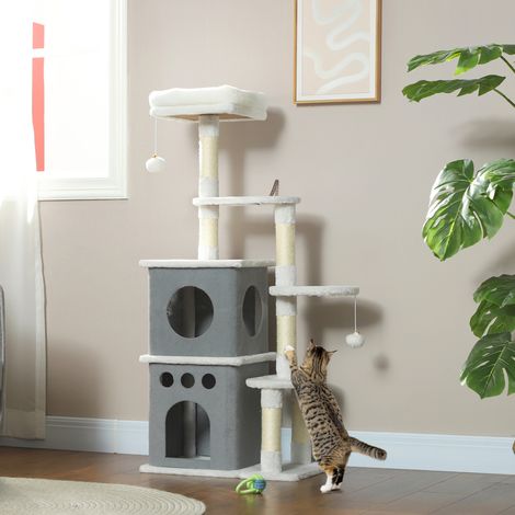 Tiragraffi per gatti da 126 cm con torre, nidi, piattaforme, palline sospese e pali in sisal, colore crema.