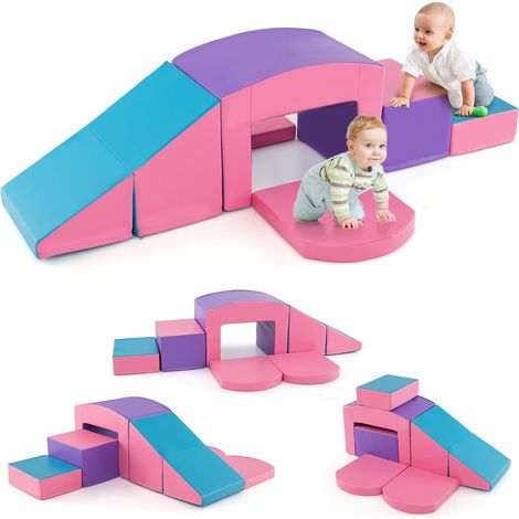 COSTWAY 6 PCS Parcours Motricité Bébé en Mousse avec Housse en PU, Module Motricité Bébé avec Diverses Couleurs & Formes, Fermeture Clair, Jouets Éducatifs pour Ramper Grimper, 12 Mois+ (Violet+Rose) (1/5)