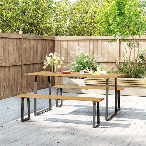 Ensemble de Jardin 3 Pièces - 178x76x77cm - Table de Pique-Nique et 2 Bancs avec Trou de Parasol - Bois Naturel & Métal (1/5)