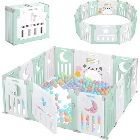 Yoleo – Parc bébé modulable 12+2 panneaux – Barrière de sécurité avec porte – Grille de protection en plastique écologique – 150x150x62cm – Vert (1/10)