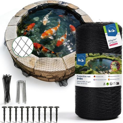 Filet Anti-Oiseaux pour Bassin 8×8m, à Mailles Fines (15×15mm), Anti-Feuilles, 20g/m², Tressé à 3 Brins, avec 20 Piquets de Fixation et 30 Serre-Câbles, pour Jardin et Potager (64m² - 8x8m) (1/5)
