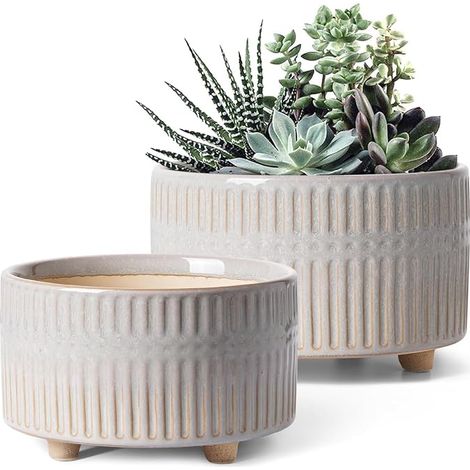 Succulent Plant Pot, 16.5+20cm Indoor Flower Pots with Drainage Hole, Modern Design Planter for Home and Office, Mom Gift Idea, Pack of 2, Star White (1/4)