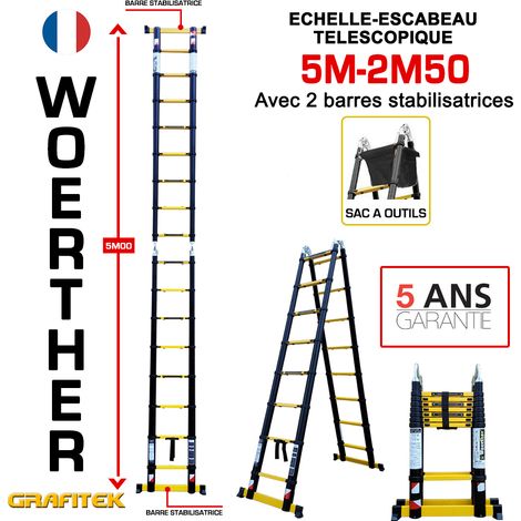 Woerther – Échelle télescopique 5m/2m50 – Barre stabilisatrice pour sécurité – Charge maximale 150kg – Verrouillage automatique des paliers (1/3)