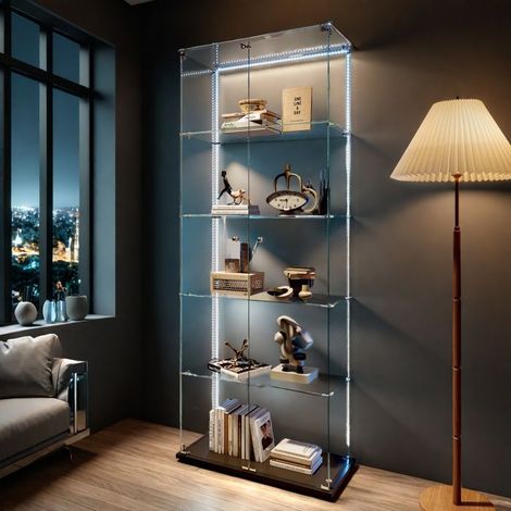Glasvitrine, LED-Vitrinen-Schrank mit 2 Türen, 5 Ebenen, Wohnzimmerschrank, Büro, Küche, Vitrine, 78.5x34.5x186.5 cm, Schwarz