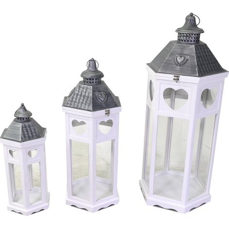 Set 3 Lanterne in Legno in Metallo bianco argento esagonale (1/4)