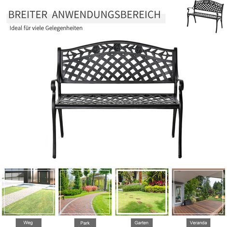 Banc de jardin 2 places en aluminium noir avec accoudoirs, style campagne, 102,5 x 61 x 84 cm (1/5)