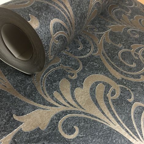 Rasch Scroll Charcoal Black Metallic Bronze Glitter Textured Wallpaper 301861