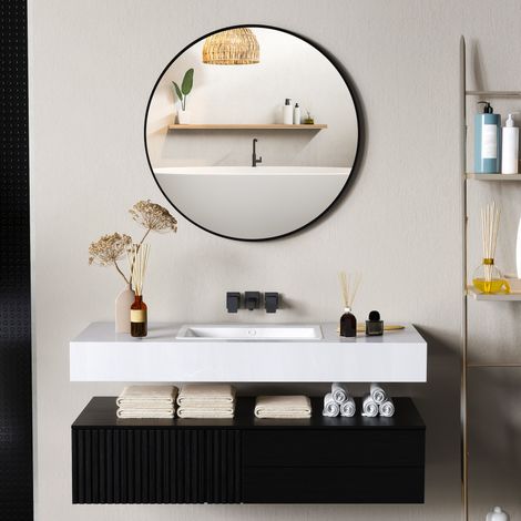 Déco Miroir rond salle de bain cadre en métal facile à installer pour chambre salon entrée Ø 70 x 2,5 cm - noir (1/4)