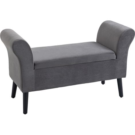 Banc coffre rembourré en velours gris pour chambre, avec repose-bras, 111,5 x 41 x 65 cm, rangement intégré, assise capitonnée et élégante. (1/5)