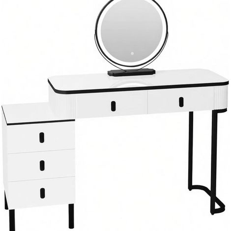 CHICFURN Tavolo da trucco 100 x 126 x 40 cm nero e bianco con specchio rotondo, 5 cassetti (1/5)