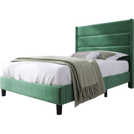 Lit capitonné 90 x 200 cm avec sommier à lattes et tête de lit rembourrée, velours vert foncé, design moderne, rangement sous le lit, pour chambre - CHICFURN (1/5)