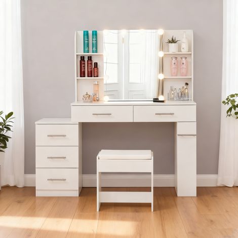 Coiffeuse blanche avec miroir, LED 3 températures, tiroirs et rangement secret,100x40.5x136 cm (1/5)