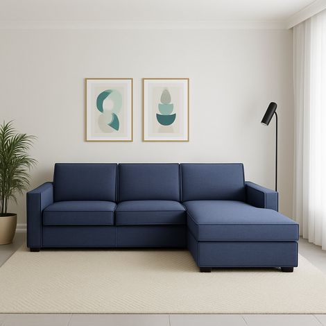 Talamo Italia Divano fisso Maia, Divano ad angolo, 100% Made in Italy, Sofà Soggiorno con, penisola contenitore Destra, con Braccioli slim, Cm 260x95h90, Blu, con imballo rinforzato (1/5)