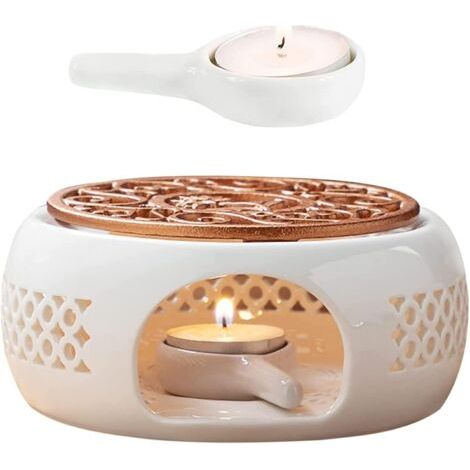 Pr Chauffe-théière en Céramique, Réchaud pour Théière avec Cuillère et Tapis de Poêle, Chauffe-thé en Porcelaine, Théière Réchauffeur pour Conservation de la Chaleur Café Thé ou Lait (Blanc) (1/5)