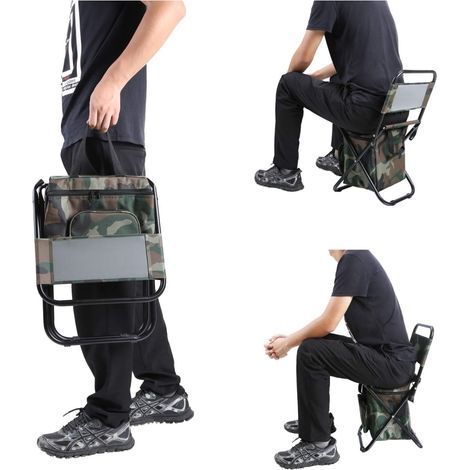 Tabouret de pêche compact avec glacière intégrée, pliable pour camping, cadeau pour pêcheurs, motif camouflage. (1/5)