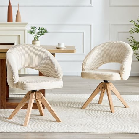 2er-Set Retro-Luxus-Drehstühle.Weißer Stoff mit vertikaler Streifenstruktur und Massivholzbeinen,360° leise Drehfunktion und umschließender gewölbter Rückenlehne.Geeignet für Esszimmer und Wohnzimmer.