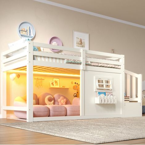 Cama alta (253x95x128 cm), con ventana, escalera con almacenamiento, tira LED, madera de pino y MDF, blanco (1/5)