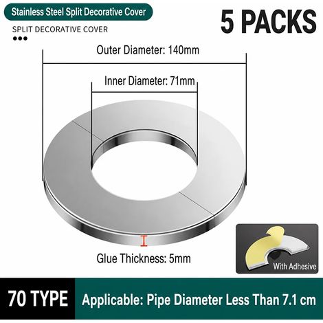 (5 pièces Type 70) Cache-tuyau décoratif en acier inoxydable pour robinet, climatiseur, tuyau d'eau à gaz. (1/5)