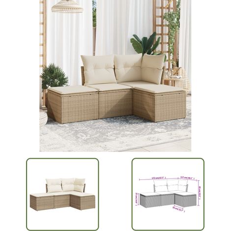 The Living Store Salon de jardin avec coussins 4 pcs beige résine tressée - Salon De Jardin - Mobilier De Jardin - Salon Extérieur - Ensemble De Canapés - Canapé D'angle (1/3)