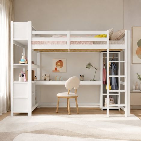 Hochbett 140x200 cm Weiß aus Kiefernholz und MDF mit Schreibtisch, Regalen und Kleiderschrank (1/5)