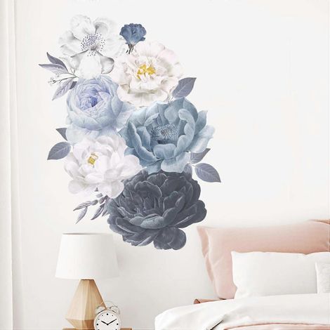Stickers muraux Fleurs Aquarelle Noir Blanc Bleu Pivoine Plante Nature Vinyle Amovible Décoller et Recoller Décorations Murales Art Image Décoration pour T-shirt (1/4)